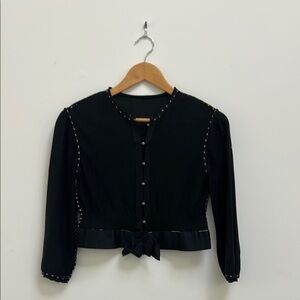 Vintage Black Button-Up cropped sweater with silk piping and satin waistband